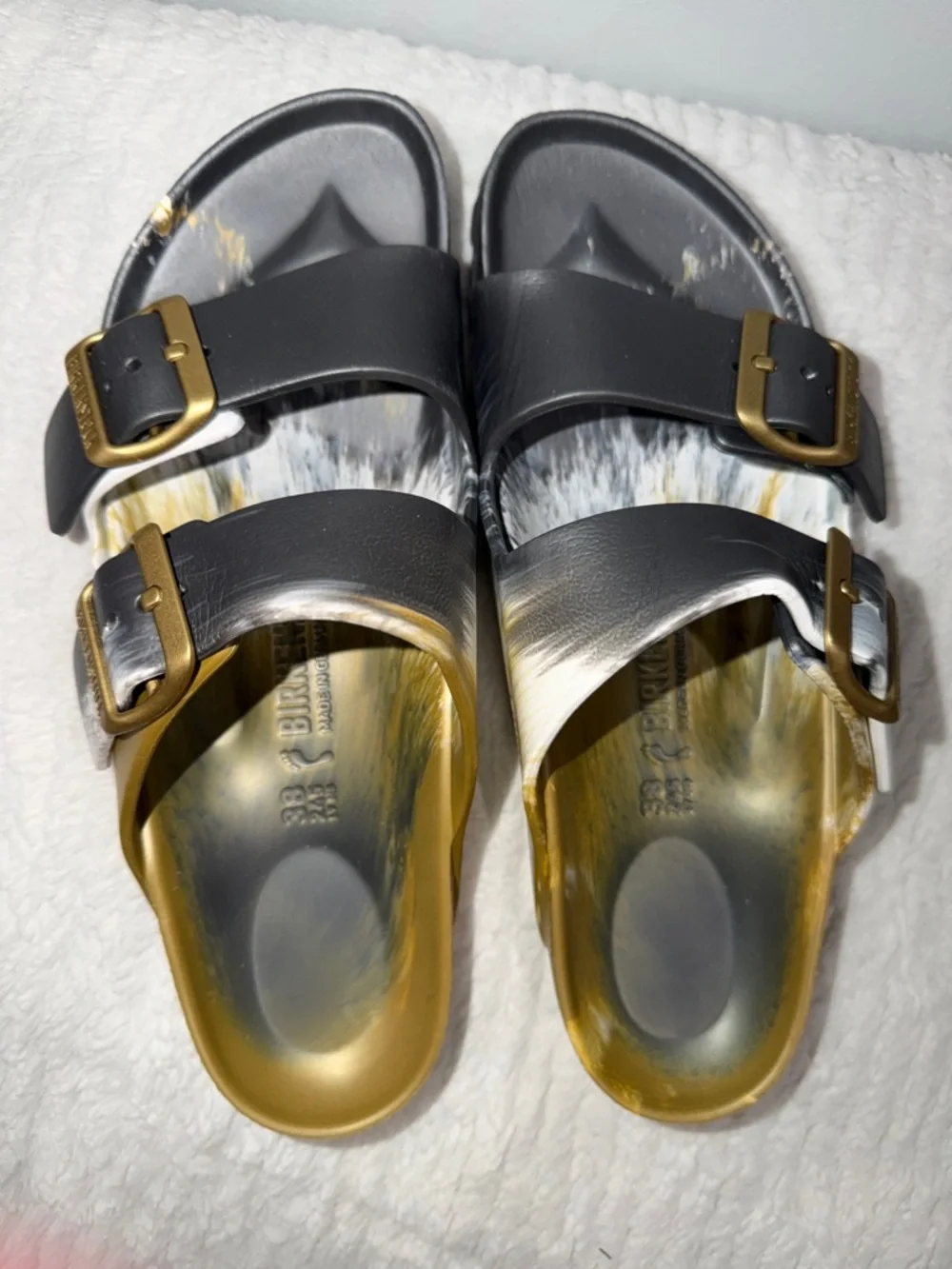 Birkenstock Grey and Gold Double Buckle Slides - Picture 5 of 6